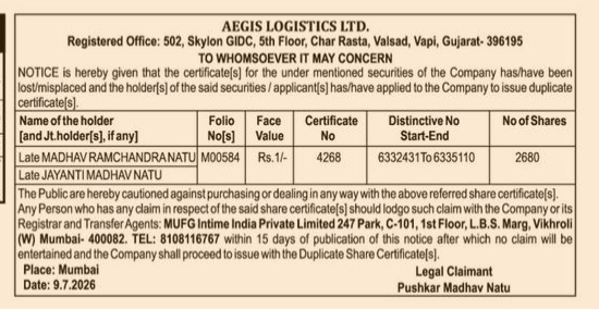 NOTICE FROM AEGIS LOGISTIC