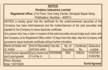 NOTICE  from HINDALCO INDUSTRIES