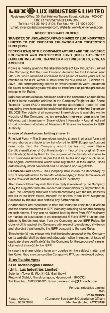 NOTICE FROM LUX INDUSTRIES