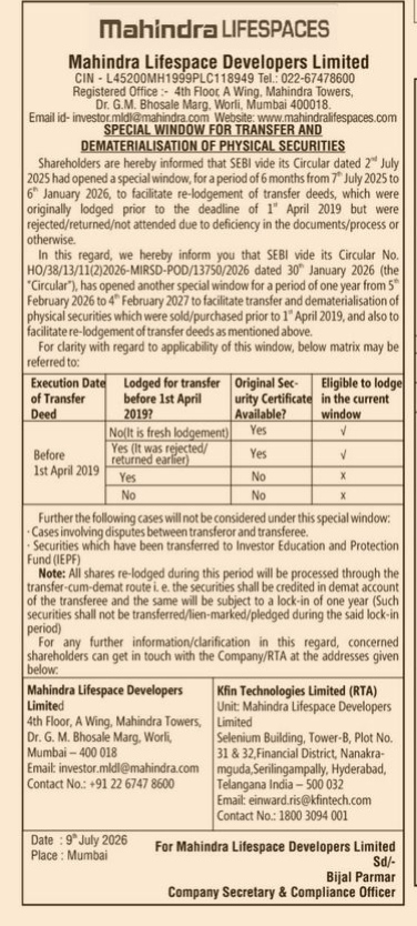 NOTICE FROM MAHINDRA LIFESPACES DEVELOPERS
