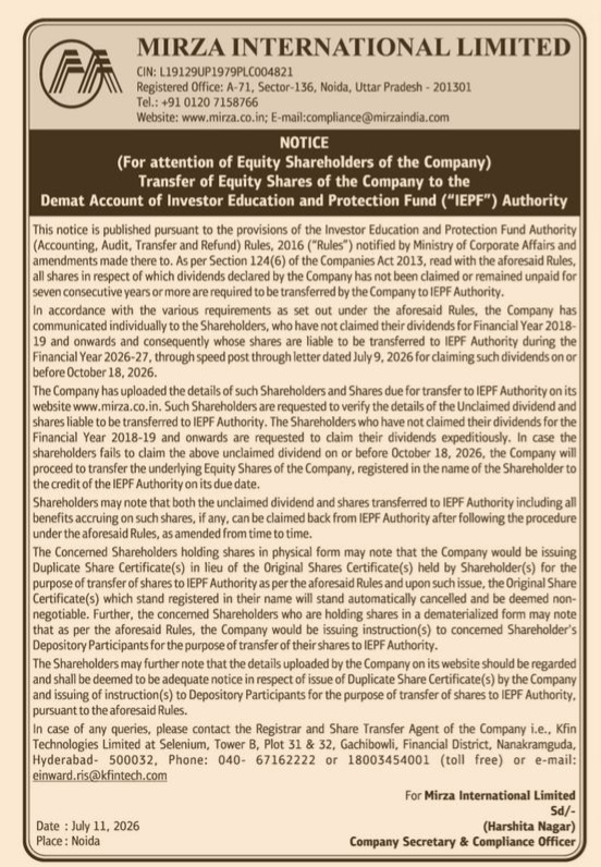 NOTICE FROM MIRZA INTERNATIONAL LIMITED