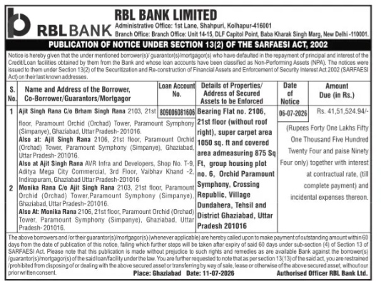 NOTICE FROM RBL BANK LIMITED REGARDING DEFAULTED LOAN ACCOUNT