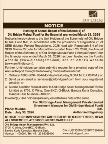Notice: Hosting of Annual Report (FY 2025-2026) - Old Bridge Mutual Fund