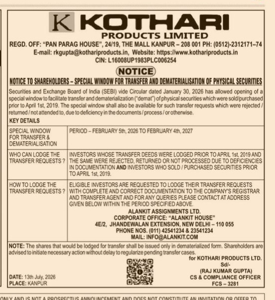 NOTICE INFORM TO SHAREHOLDERS OF kothari products