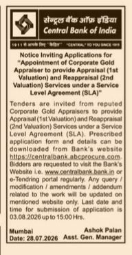Notice Inviting Applications for Corporate Gold Appraisers