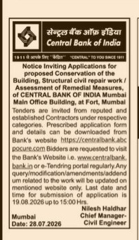 Notice Inviting Applications for Structural Repair Work at Central Bank of India Mumbai Main Office