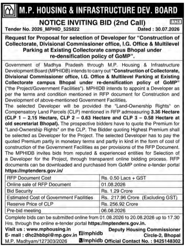 Notice Inviting Bid for Bhopal Collectorate Campus Re-Densification Project