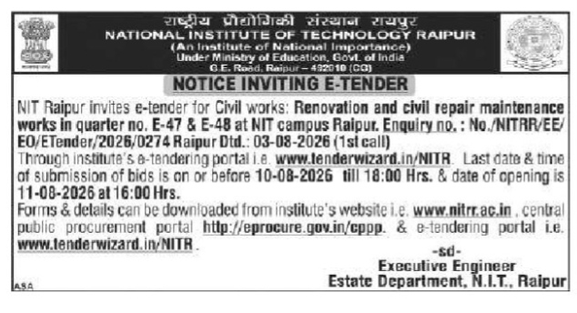 Notice Inviting E-Tender for Civil Works at NIT Raipur