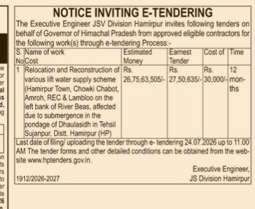 Notice Inviting E-Tendering for Water Supply Relocation in Hamirpur