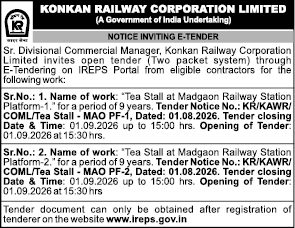 Notice Inviting E-Tenders: Tea Stall Contracts at Madgaon Railway Station