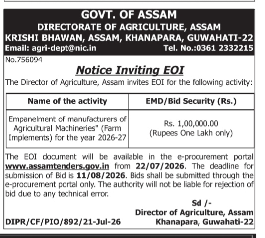 Notice Inviting EOI for Empanelment of Agricultural Machinery Manufacturers (2026-27)