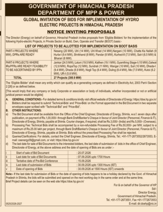NOTICE -INVITING PROPOSAL FOR HYDRO ELECTRIC PROJECTS