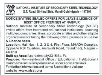 Notice Inviting Sealed Offers for Leave & Licence of NISST Office Premises at Nagpur.