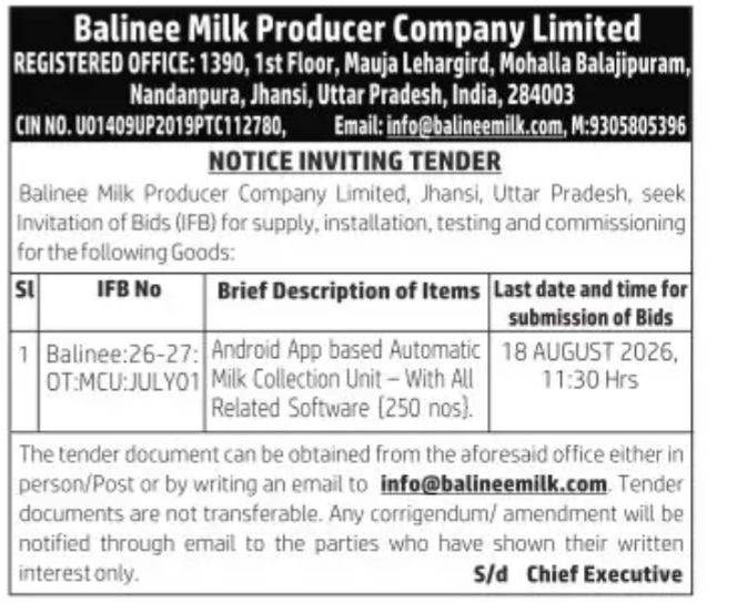 NOTICE INVITING TENDER - Balinee milk producer company limited