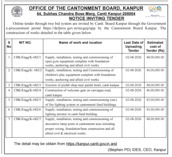 Notice Inviting Tender - Cantonment Board Kanpur