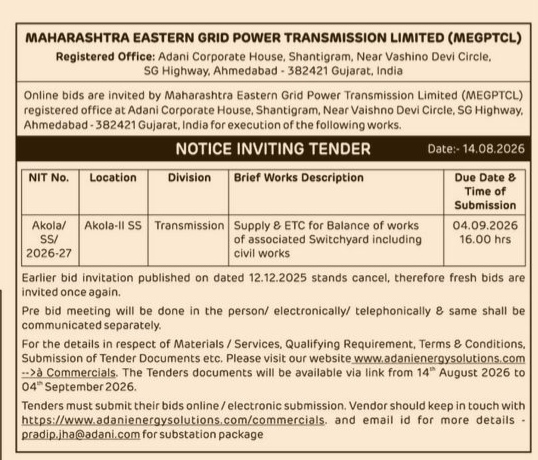 Notice Inviting Tender for Akola-II SS Switchyard Works (MEGPTCL)