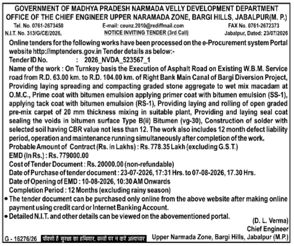 Notice Inviting Tender for Asphalt Road Execution (Bargi Diversion Project)