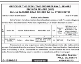 Notice Inviting Tender for Auction of Empty Metal Drums by P.W.D. Sehore (M.P.)