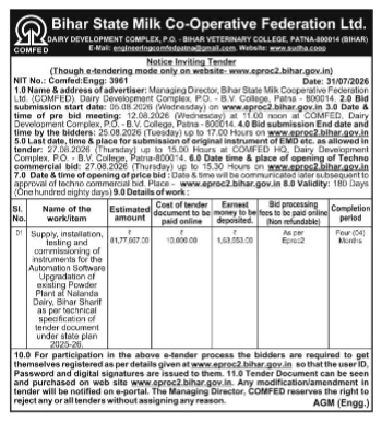 Notice Inviting Tender for Automation Software Upgradation at Nalanda Dairy (COMFED)