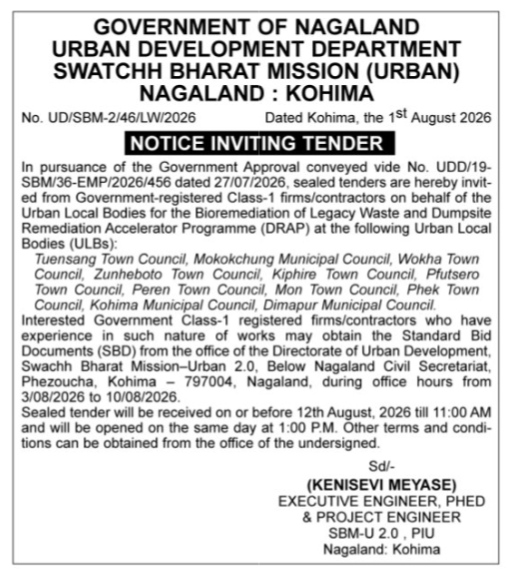 Notice Inviting Tender for Bioremediation of Legacy Waste in Nagaland (SBM-U 2.0)