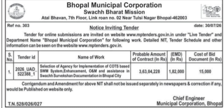 Notice Inviting Tender for COTS-based SWM System by Bhopal Municipal Corporation