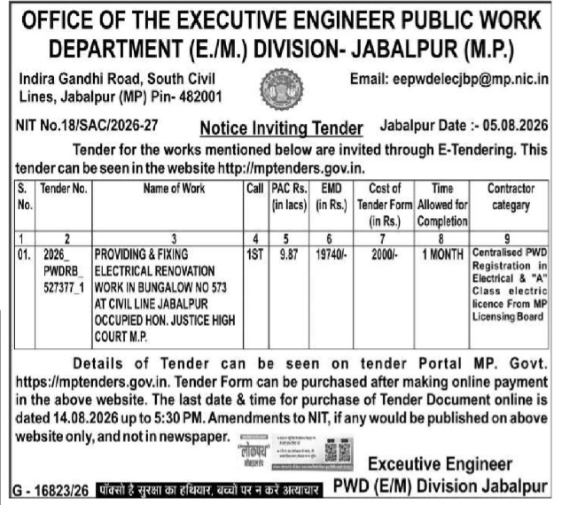 Notice Inviting Tender for Electrical Renovation Work at Civil Line Jabalpur