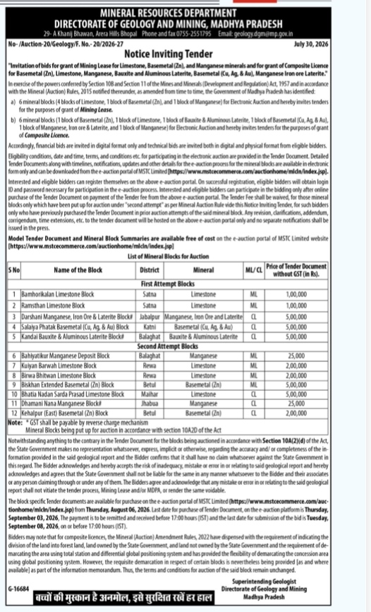 Notice Inviting Tender for Grant of Mining and Composite Licences, Madhya Pradesh (July 2026)