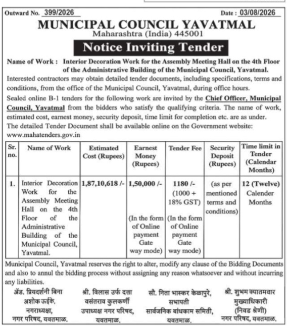 Notice Inviting Tender for Interior Decoration Work – Municipal Council Yavatmal