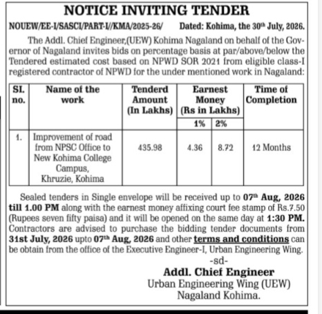 Notice Inviting Tender for Kohima Road Improvement Work (2026)