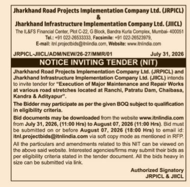 Notice Inviting Tender for Major Road Maintenance and Repair Works in Jharkhand (2026)