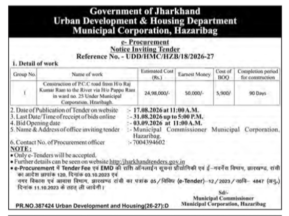 Notice Inviting Tender for P.C.C. Road Construction in Hazaribagh