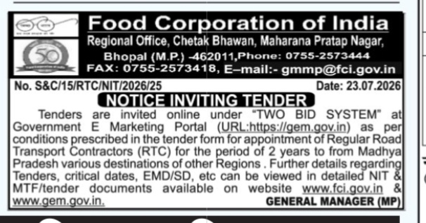 Notice Inviting Tender for Regular Road Transport Contractors (FCI Bhopal)