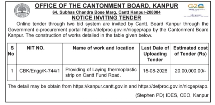 Notice Inviting Tender for Road Works (Cantonment Board, Kanpur)