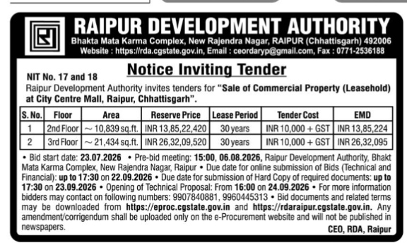 Notice Inviting Tender for Sale of Commercial Property at City Centre Mall, Raipur by Raipur Development Authority (RDA)