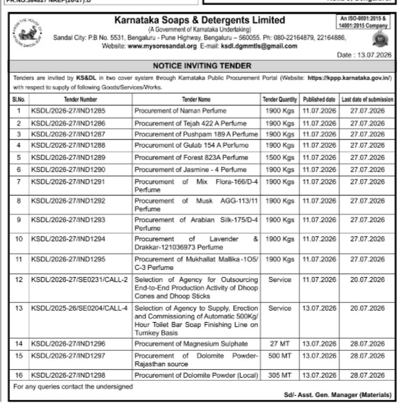 NOTICE INVITING TENDER FROM KARNATAKA