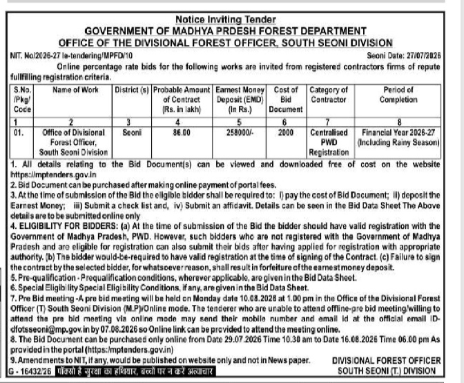 Notice Inviting Tender - Government of Madhya Pradesh Forest Department (South Seoni Division)