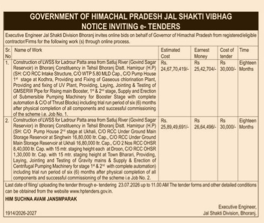 NOTICE INVITING TENDER - govt of HIMACHAL PRADESH JAL SHALTI VIBHAG