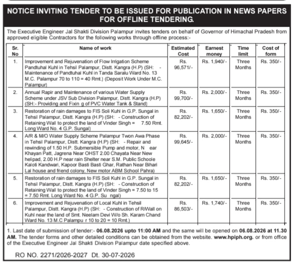 Notice Inviting Tender - Jal Shakti Division Palampur (Himachal Pradesh)