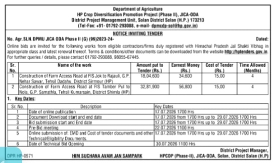 Notice Inviting Tender (NIT) for HP Crop Diversification Promotion Project (Phase II)
