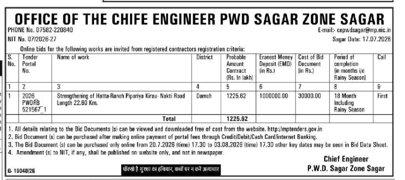 Notice Inviting Tender (NIT) for Road Strengthening Works in Damoh District – PWD Sagar Zone