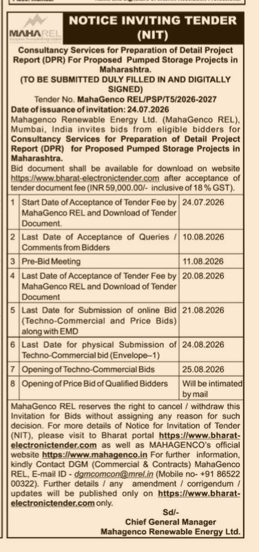 Notice Inviting Tender: Preparation of DPR for Maharashtra Pumped Storage Projects
