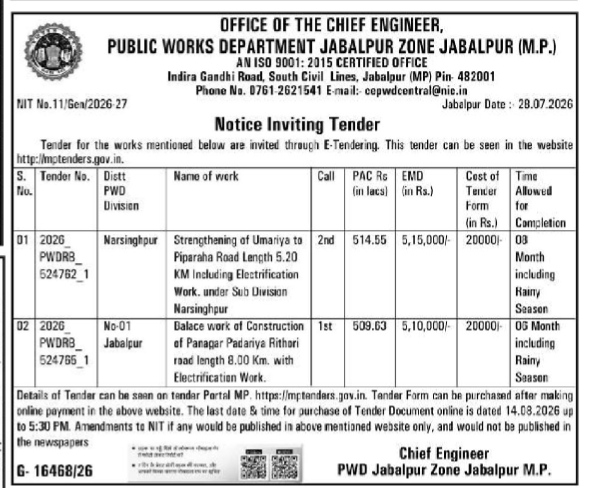 Notice Inviting Tender - PWD Jabalpur Zone (MP)