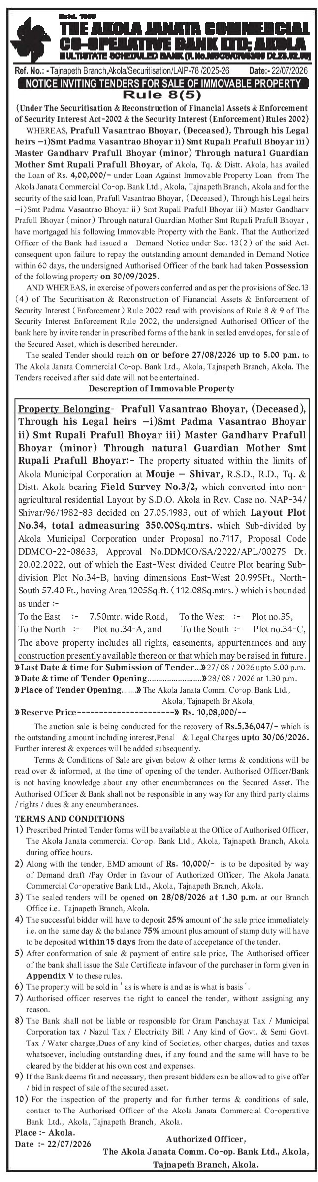 Notice Inviting Tenders for Sale of Immovable Property