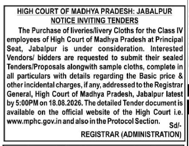 Notice Inviting Tenders for the Purchase of Liveries/Livery Cloths (High Court of Madhya Pradesh, Jabalpur)