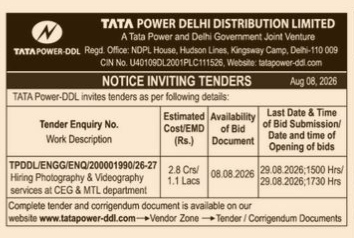 Notice Inviting Tenders (NIT) for Photography & Videography Services by Tata Power-DDL