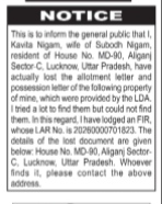 NOTICE : LOSS OF ALLOTMENT AND POSSESSION LETTER