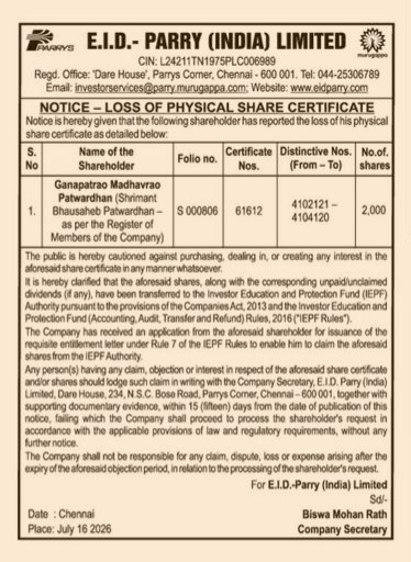 NOTICE - LOSS OF PHYSICAL SHARES CERTIFICATE