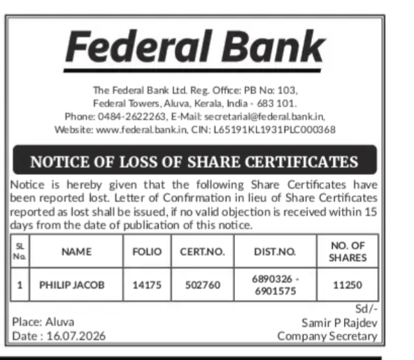 NOTICE - LOSS OF SHARE CERTIFICATE FOR PHILIP JACOB