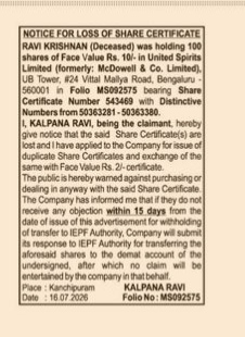 NOTICE - LOSS OF SHARE CERTIFICATE