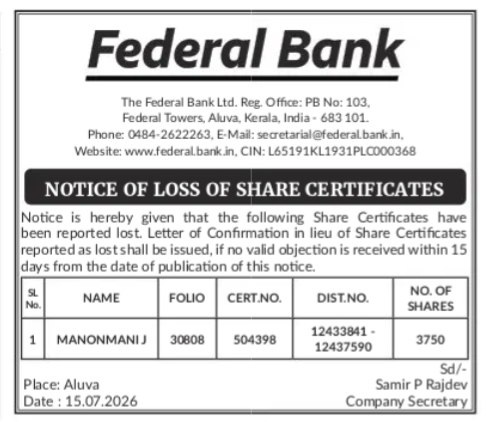 NOTICE-LOSS OF SHARES IS FEDERAL BANK